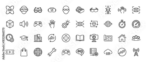 Extended reality technology line icon set. Vector pictograms of virtual, augmented, mixed reality, gaming, and 360-degree view, thin linear illustration.