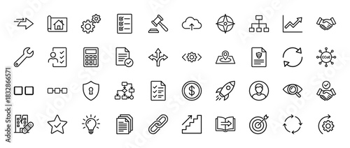 Business and strategy line icon set. Vector pictograms of settings, gear, handshake, chart, and checklist, thin linear illustration.