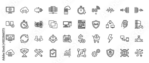 Gaming and technology line icon set. Vector pictograms of streaming, 5g, server, cloud, data, and shield, thin linear illustration.
