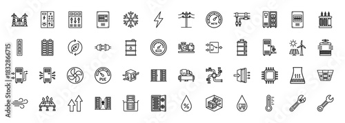 Data center and power management line icon set. Vector pictograms of energy storage, cooling systems, and infrastructure, thin linear illustration.