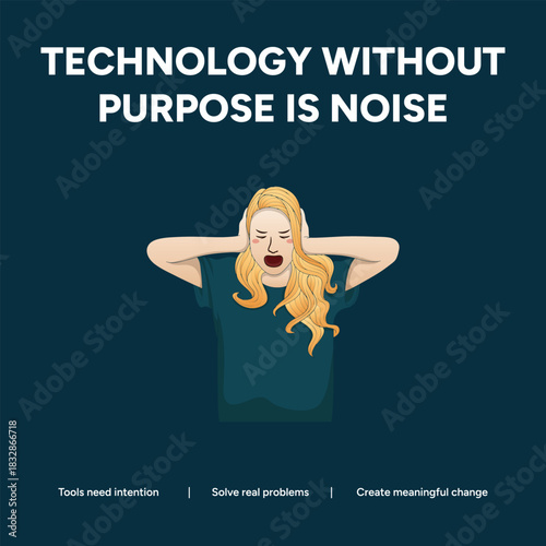 Woman covering ears against noise of technology without purpose