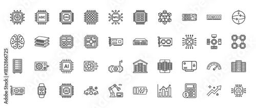 Artificial intelligence and computing icon set. Vector pictograms of cpu, gpu, memory, asic, robot, and server, thin linear illustration.