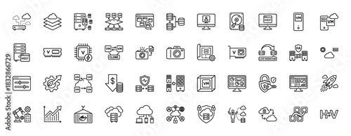 Cloud computing and virtualization line icon set. Vector pictograms of server, VM, storage, migration, and network, thin linear illustration.