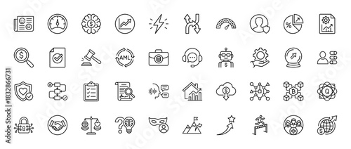 Business and finance line icon set. Vector pictograms of market analysis, strategy, security, and risk, thin linear illustration.