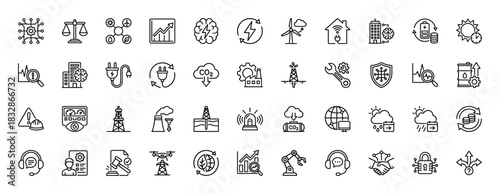 Industry and technology line icon set. Vector pictograms of renewable energy, smart factory, artificial intelligence, and environmental concepts, thin linear illustration.
