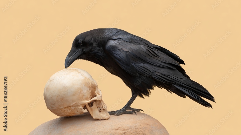 Obraz premium Raven perched on a skull against a plain background in a thoughtful pose