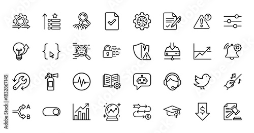 Business and technology line icon set. Vector pictograms of gear, chart, security, and document, thin linear illustration.
