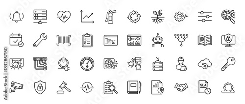 Information technology and network security line icon set. Vector pictograms of server, calendar, wrench, barcode, checklist, and data analysis, thin linear illustration.