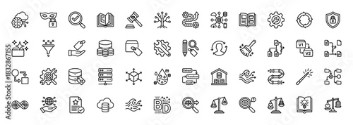 Business and technology line icon set. Vector pictograms of data analytics, security, finance, and process management, thin linear illustration.