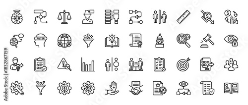 Business and legal processes line icon set. Vector pictograms of decision-making, analytics, compliance, and governance, thin linear illustration.
