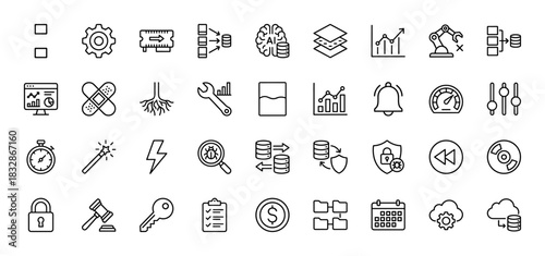 Data and technology line icon set. Vector pictograms of settings, gear, brain, chart, robot, and database, thin linear illustration.