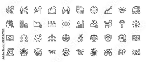 Business and education line icon set. Vector pictograms of growth, learning, finance, strategy, and corporate development, thin linear illustration.