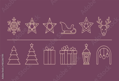 Modern line art Christmas icons collection for holiday greetings and seasonal design elements isolated PNG with Transparent Background