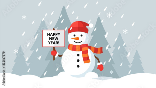 A delightful flat design illustration of a friendly snowman ready to usher in the New Year, perfect for festive cards and digital media. 