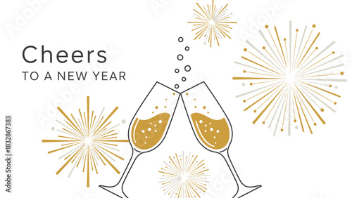 A sophisticated flat design illustration of champagne glasses toasting, symbolizing celebration and new beginnings, ideal for New Year's greetings. 