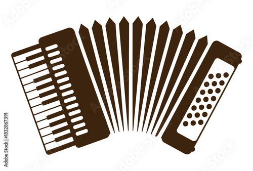 A brown silhouette of an accordion is displayed against a white background.