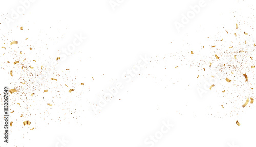 Gold Metallic Confetti Isolated om Transparent Background. Abstract Shiny Golden Glitter Splash Decoration. Festive Background. Vector design element for Merry Christmas and Happy New Year Card