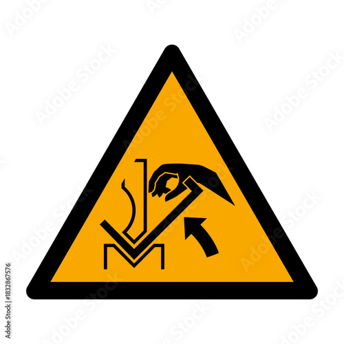 ISO 7010 W031 Hand crushing between press brake and material. Crushing Hazard Icon. Hand Pinch Warning Sign. Caution Symbol Hand Crushing Risk. 