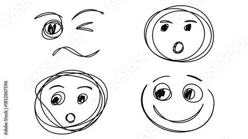 Playful collection of hand drawn scribbled faces with expressive features and vibrant colors