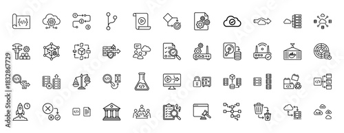 Software development and data icon set. vector pictograms of coding, cloud computing, deployment, and security, thin linear illustration.