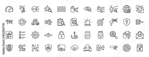 Cyber security and network defense line icon set. Vector pictograms of firewall, encryption, phishing, and vulnerability analysis, thin linear illustration.