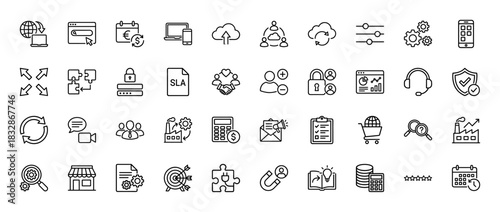 Business and management line icon set. Vector pictograms of settings, cloud computing, finance, teamwork, and analysis, thin linear illustration.