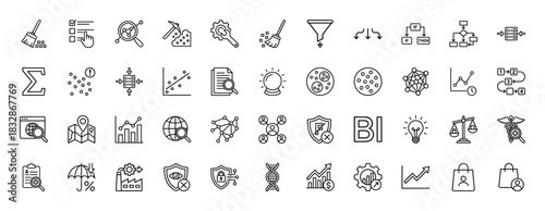 Business and data science line icon set. Vector pictograms of analysis, algorithm, mining, big data, statistics, and security, thin linear illustration.