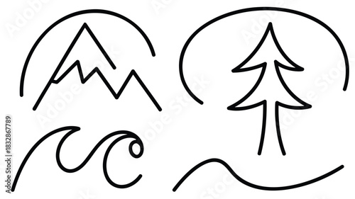 Collection of basic cartography symbols including mountain icons for map design and illustration projects