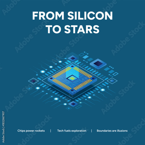 Digital technology concept with microchip and futuristic text overlay