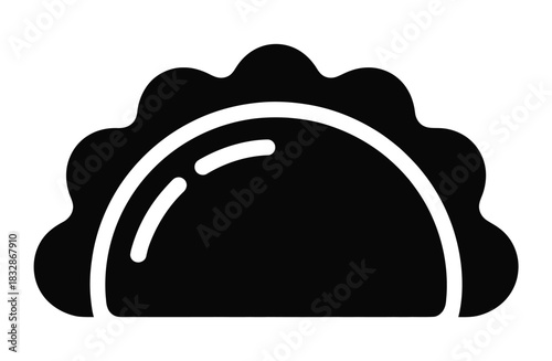 A simplified black and white icon of a dumpling is shown on a white background.