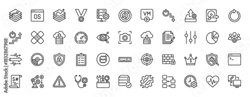 System administration line icon set. Vector pictograms of server, cpu, cloud, firewall, network, database, terminal, automation, maintenance, thin linear illustration.