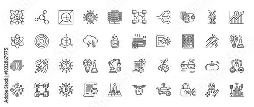 Technology and innovation line icon set. Vector pictograms of blockchain, artificial intelligence, quantum computing, and smart contract, thin linear illustration.