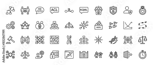 Technology and business line icon set. Vector pictograms of gears, security shield, voting, dna, and robots, thin linear illustration.