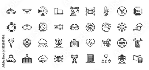 Technology line icon set. Vector pictograms of drone, iot, robotic arm, server, and artificial intelligence, thin linear illustration.