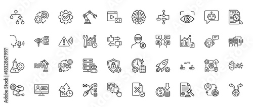 Robotics and automation line icon set. Vector pictograms of machine learning, artificial intelligence, process flow, and coding, thin linear illustration.