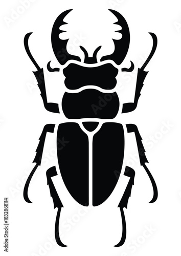 A stylized black silhouette of a stag beetle is shown against a white background.