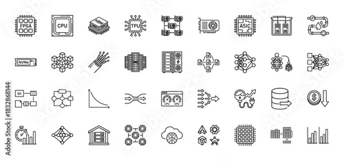 Artificial intelligence and deep learning hardware line icon set. Vector pictograms of cpu, tpu, gpu, asic, fpga, hbm, and neural networks, thin linear illustration.