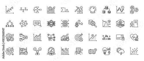 Data analysis and machine learning line icon set. Vector pictograms of neural network, flowchart, algorithm, statistics, thin linear illustration.