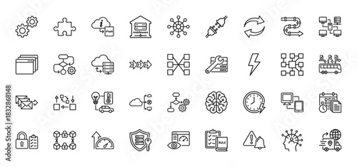 Information technology and data integration line icon set. Vector pictograms of settings, puzzle, middleware, process flow, and server, thin linear illustration.