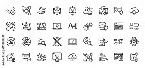 Cybersecurity line icon set. Vector pictograms of firewall, secure cloud, encryption, vpn, shield, database, api lock, network, password key, thin linear illustration