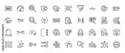 Cybersecurity and data protection line icon set. vector pictograms of firewall, security scan, lock, shield, and phishing, thin linear illustration.