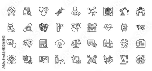 Medical and biotechnology line icon set. Vector pictograms of dna, stethoscope, robot, virus, pill, brain, telemedicine, insurance and research, thin linear illustration.