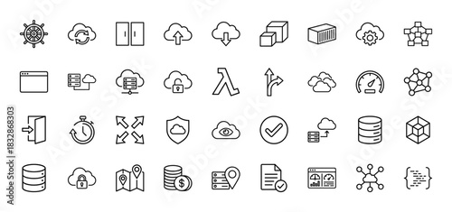 Cloud computing and network technology line icon set. vector pictograms of kubernetes, server, database, firewall, and security, thin linear illustration.