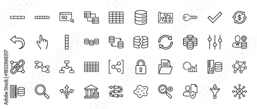 Database and data management line icon set. Vector pictograms of server, security key, workflow, and matrix, thin linear illustration.