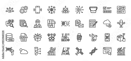 Technology and data line icon set. Vector pictograms of machine learning, cloud storage, qr code, and analytics, thin linear illustration.