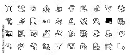 Data privacy and security line icon set. Vector pictograms of padlock, shield, document, key, and server, thin linear illustration.