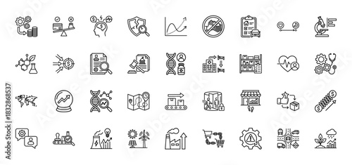 Business and finance line icon set. Vector pictograms of money, risk, investment, growth, logistics, healthcare, energy, and innovation, thin linear illustration.