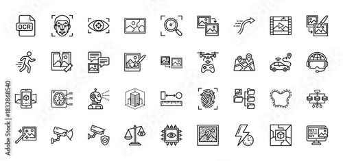 Artificial intelligence line icon set. Vector pictograms of face recognition, cctv, drone, self-driving car, and machine learning, thin linear illustration.