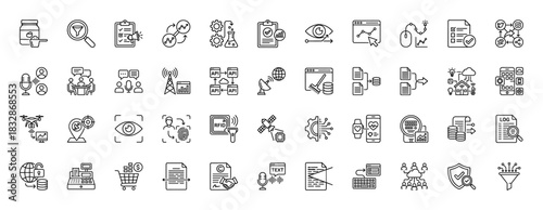 Business and data technology line icon set. Vector pictograms of analysis, communication, security, and smart devices, thin linear illustration.