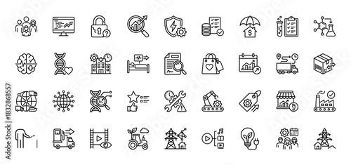 Business and technology line icon set. Vector pictograms of security, finance, health, delivery, and industry, thin linear illustration.